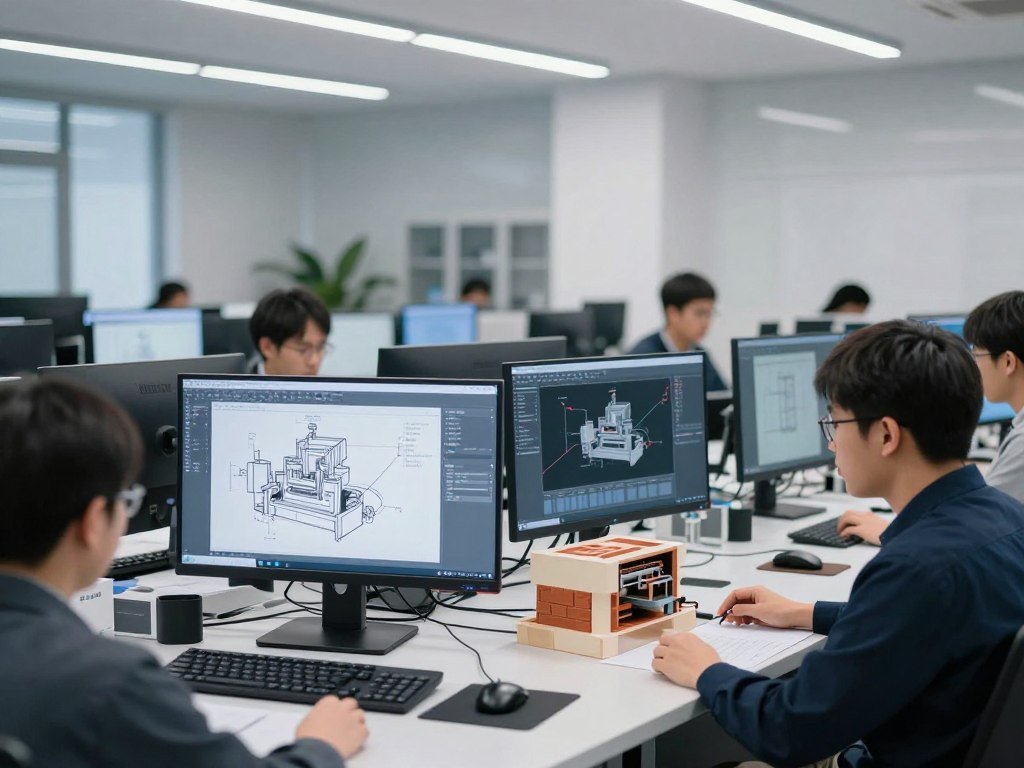 Área de Pesquisa e Desenvolvimento da FÁBRICA MAIKONG com engenheiros trabalhando