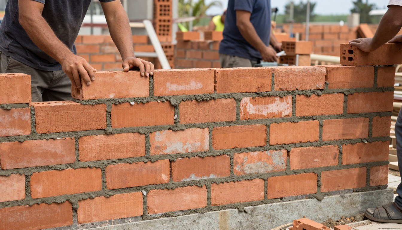Construção de muro com tijolos maciços produzidos por máquina de fazer tijolo maciço