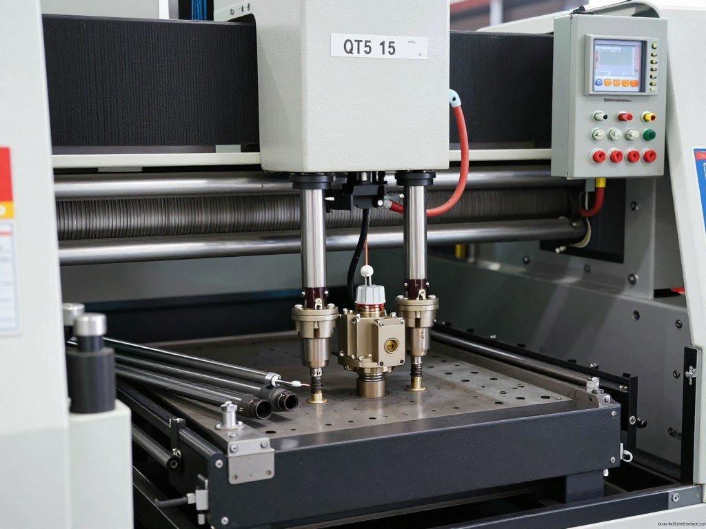 Detalhes técnicos da maquina de fabricar bloco QT5-15 mostrando componentes hidráulicos