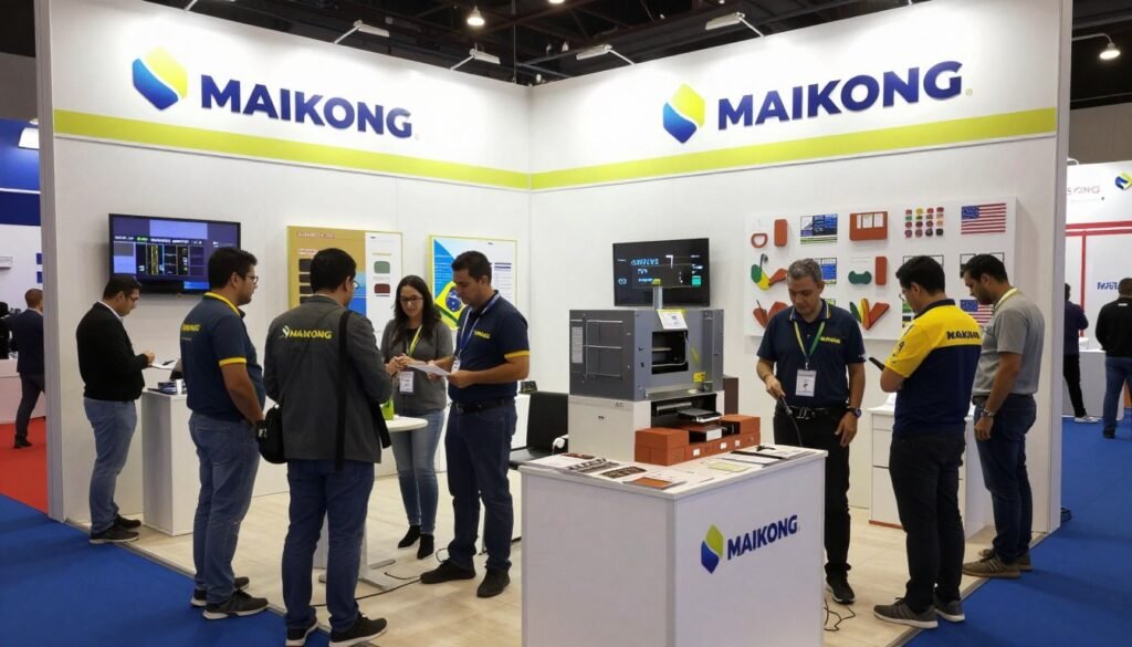 Equipe MAIKONG atendendo clientes em feira de construção no Brasil