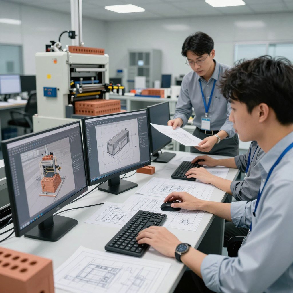 Equipe de engenharia da MAIKONG desenvolvendo novas tecnologias para máquinas de tijolo