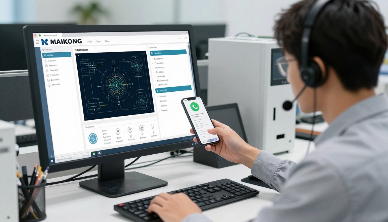 Equipe de suporte técnico MAIKONG atendendo cliente via WhatsApp