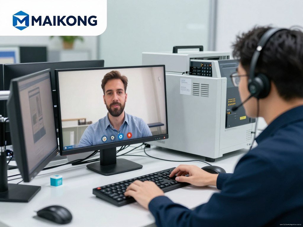 Equipe de suporte técnico da MAIKONG auxiliando cliente via videoconferência