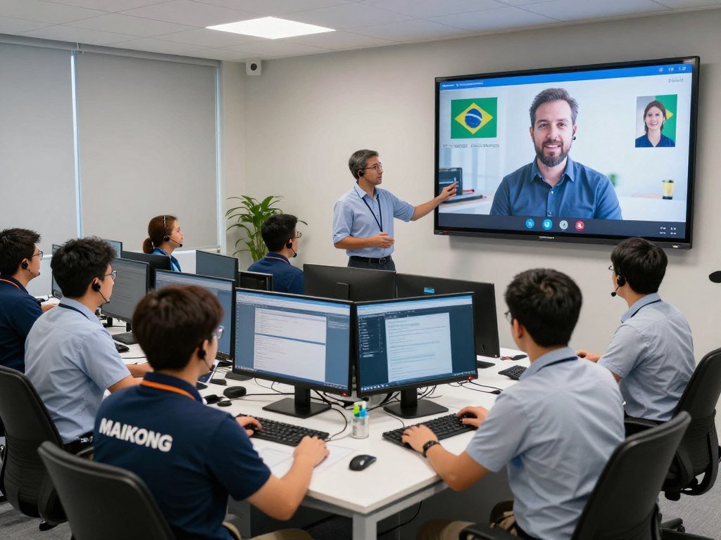 Equipe técnica da MAIKONG oferecendo suporte remoto via WhatsApp para clientes no Brasil