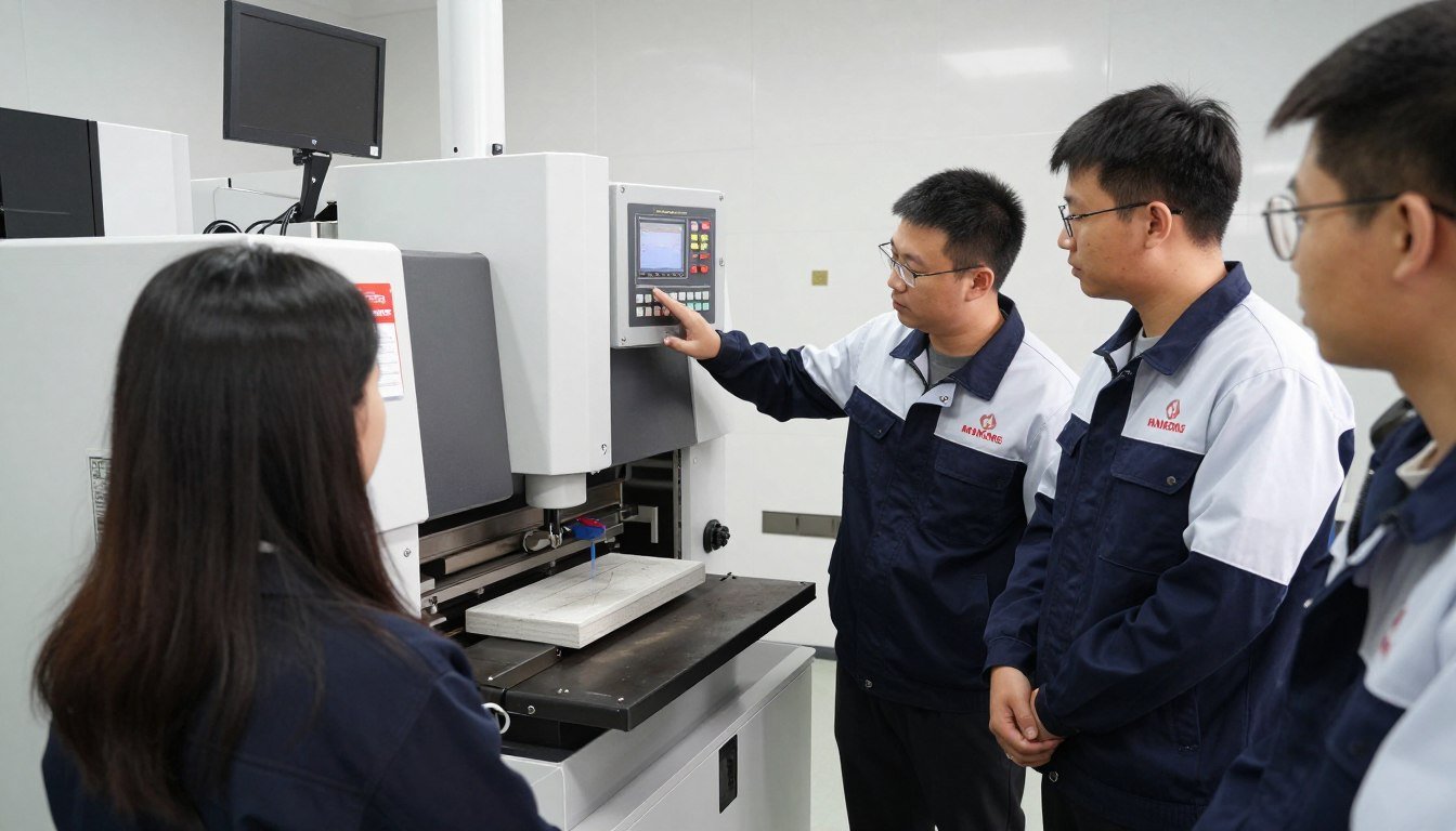 Equipe técnica da MAIKONG oferecendo treinamento para operação de máquina de fazer blocos
