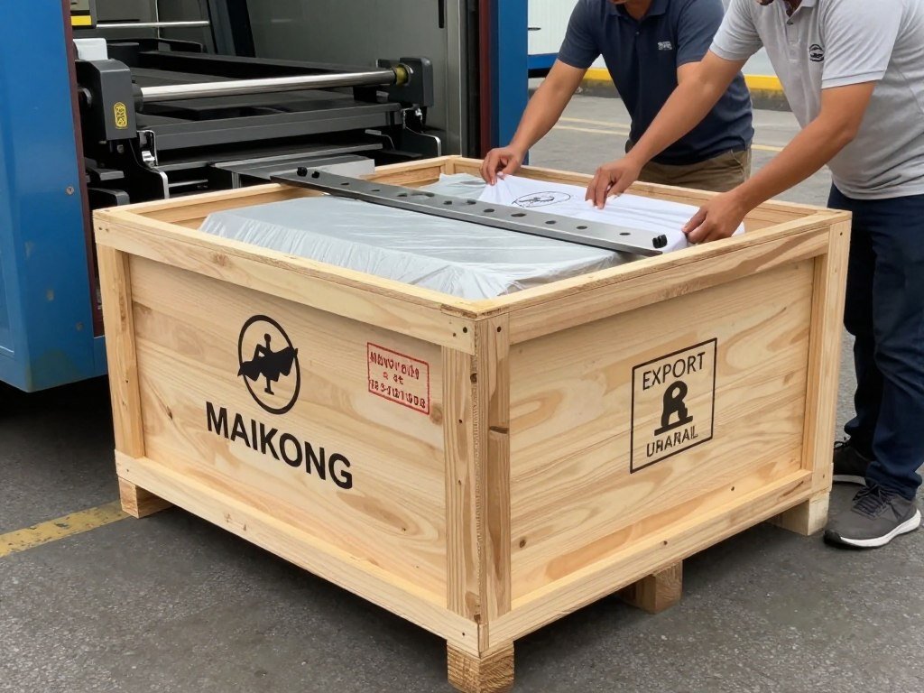 Máquina MAIKONG sendo embalada em caixa de madeira para exportação ao Brasil