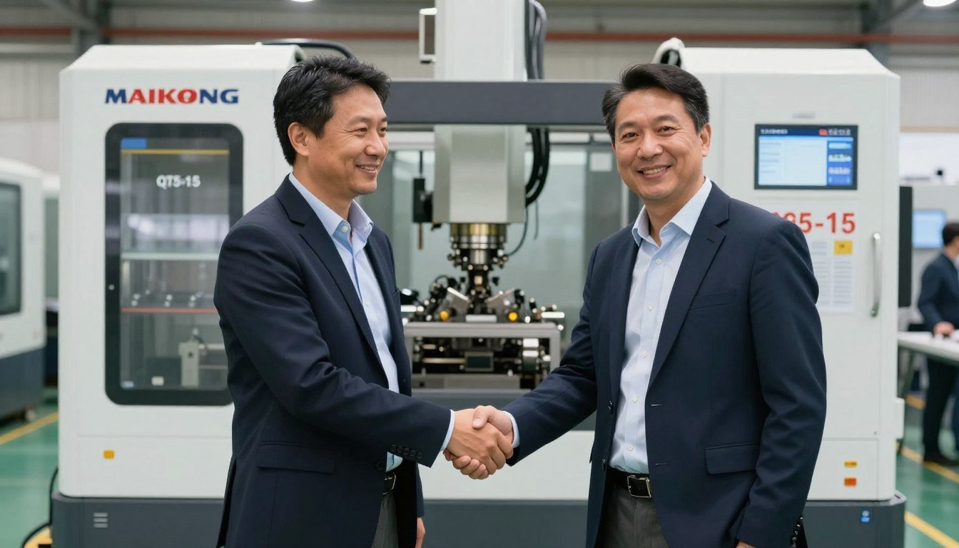 Representante da MAIKONG com cliente distribuidor ao lado da maquina de fabricar bloco QT5-15