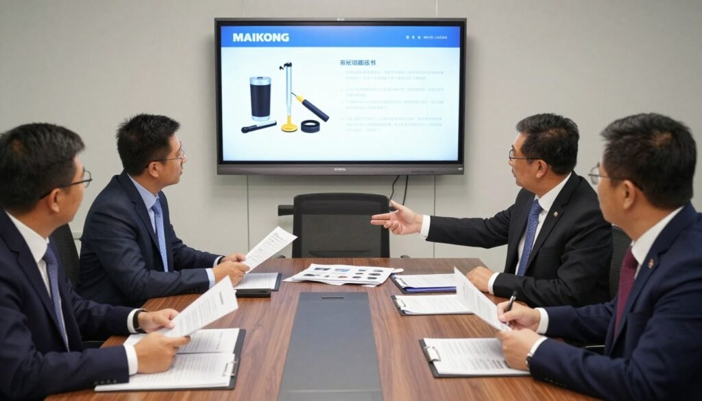 Reunião de negócios entre executivos MAIKONG e potencial distribuidor brasileiro