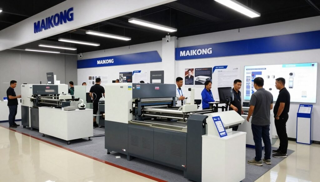 Showroom de distribuidor MAIKONG no Brasil mostrando máquinas de fazer blocos de concreto