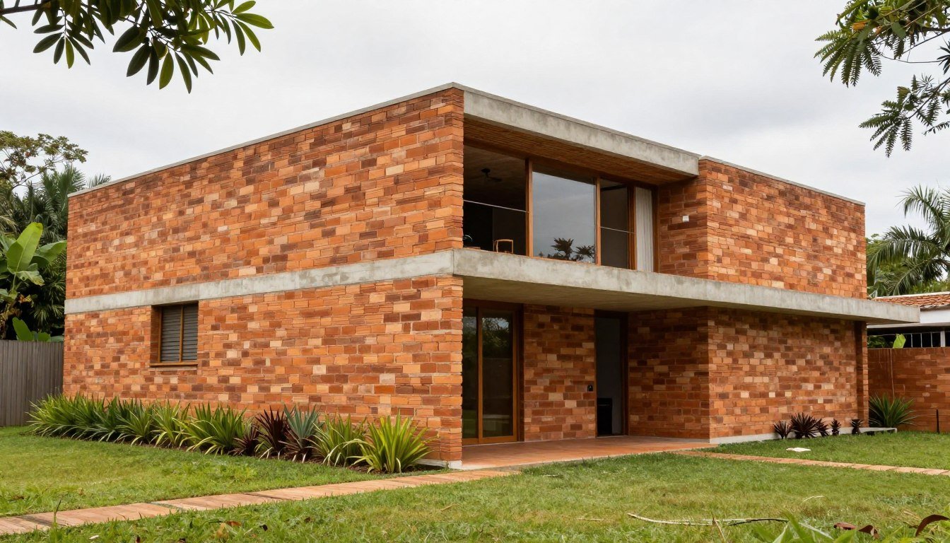 Casa sustentável construída com tijolo ecológico no Brasil