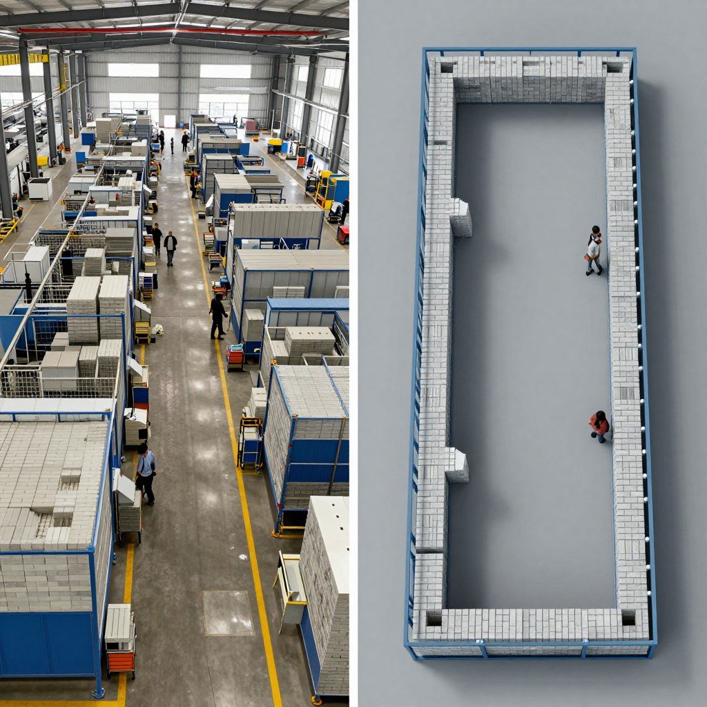 Comparação entre layout ineficiente e otimizado de fábrica de tijolos modulares