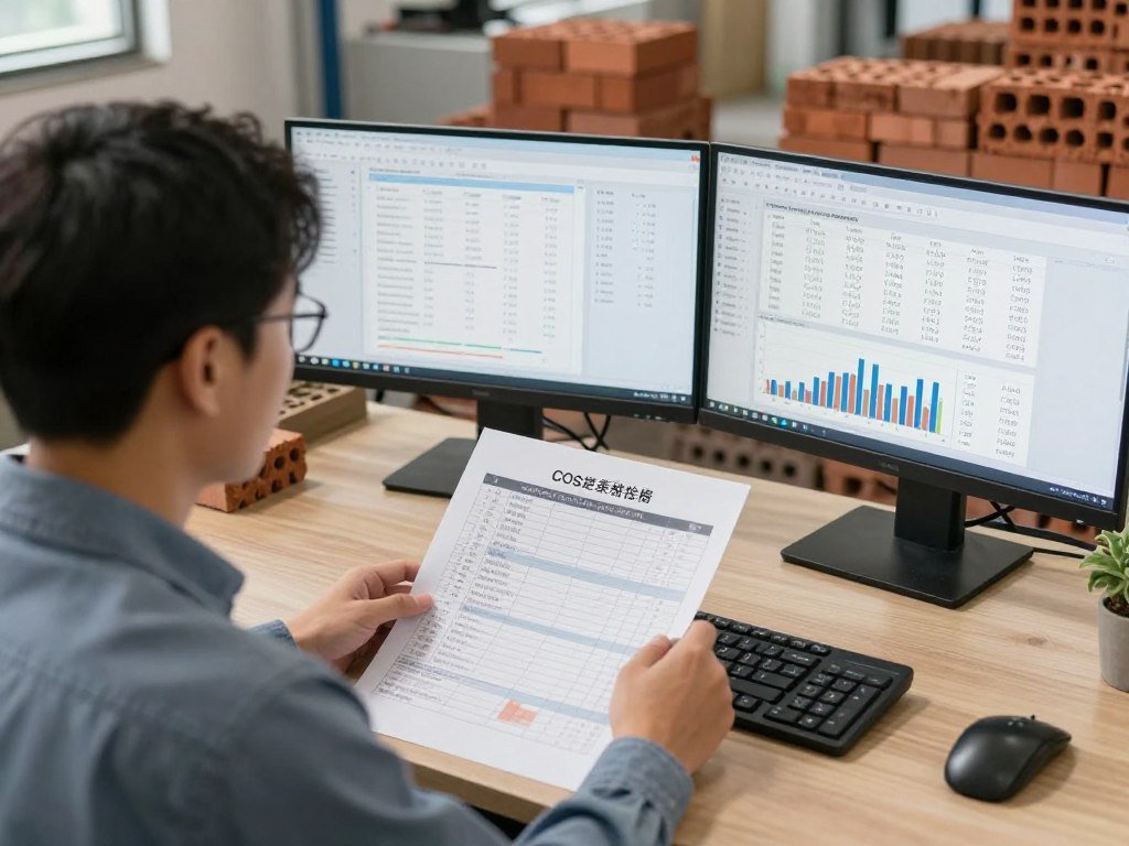 Empresário analisando planilha de custos para fábrica de tijolos modulares