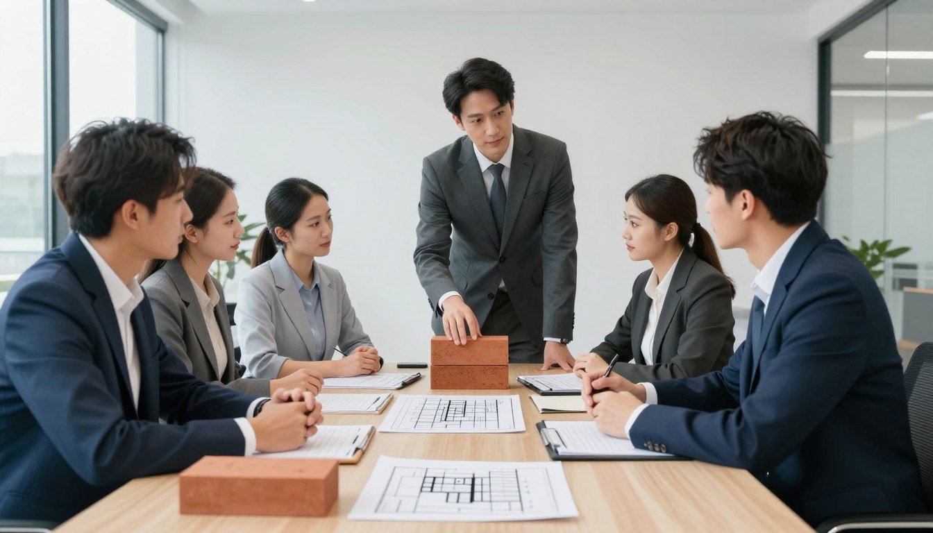 Reunião de negócios entre produtor de tijolos ecológicos e construtora