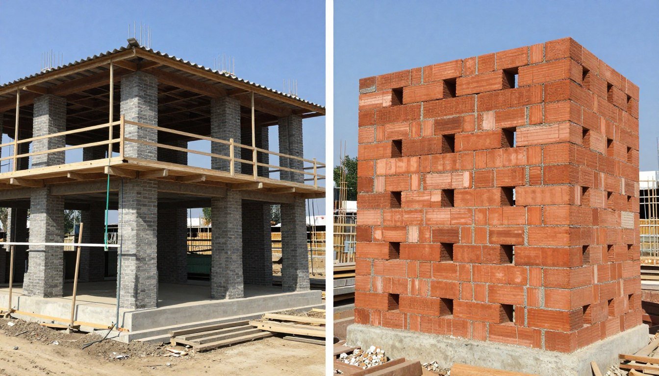Construção comparativa mostrando economia e eficiência com tijolos ecológicos
