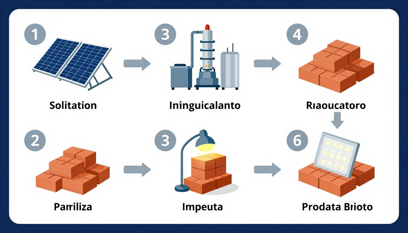 Diagrama visual mostrando múltiplas estratégias de economia de energia em produção de tijolos