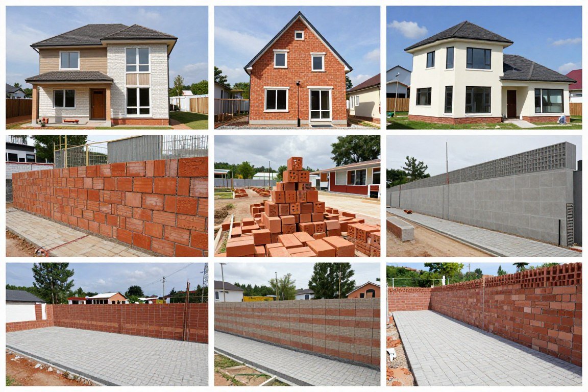 Diferentes tipos de obras de construção utilizando tijolos ecológicos