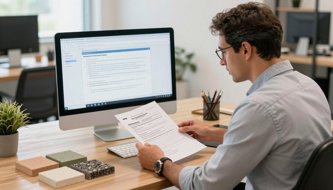 Entrepreneur reviewing environmental licensing documents for ecological brick factory in Brazil