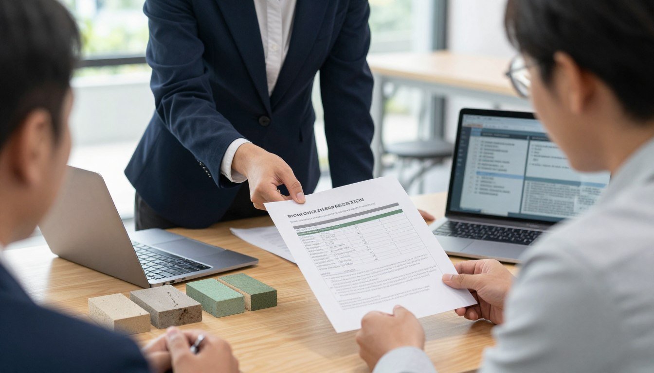 Environmental consultant helping entrepreneur with brick factory licensing paperwork