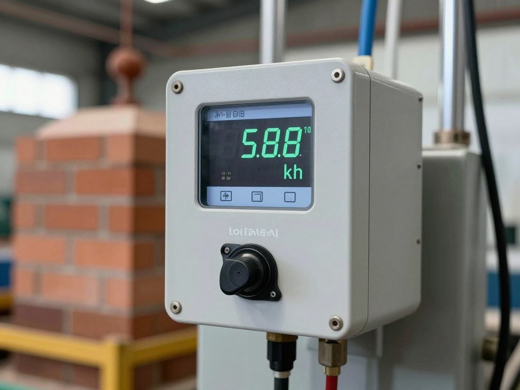 Medidor de energia elétrica industrial mostrando consumo em tempo real durante produção de tijolos ecológicos
