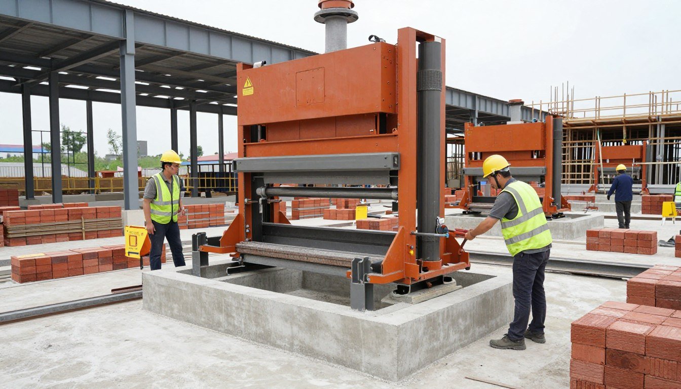 Modern ecological brick factory under construction with machinery installation
