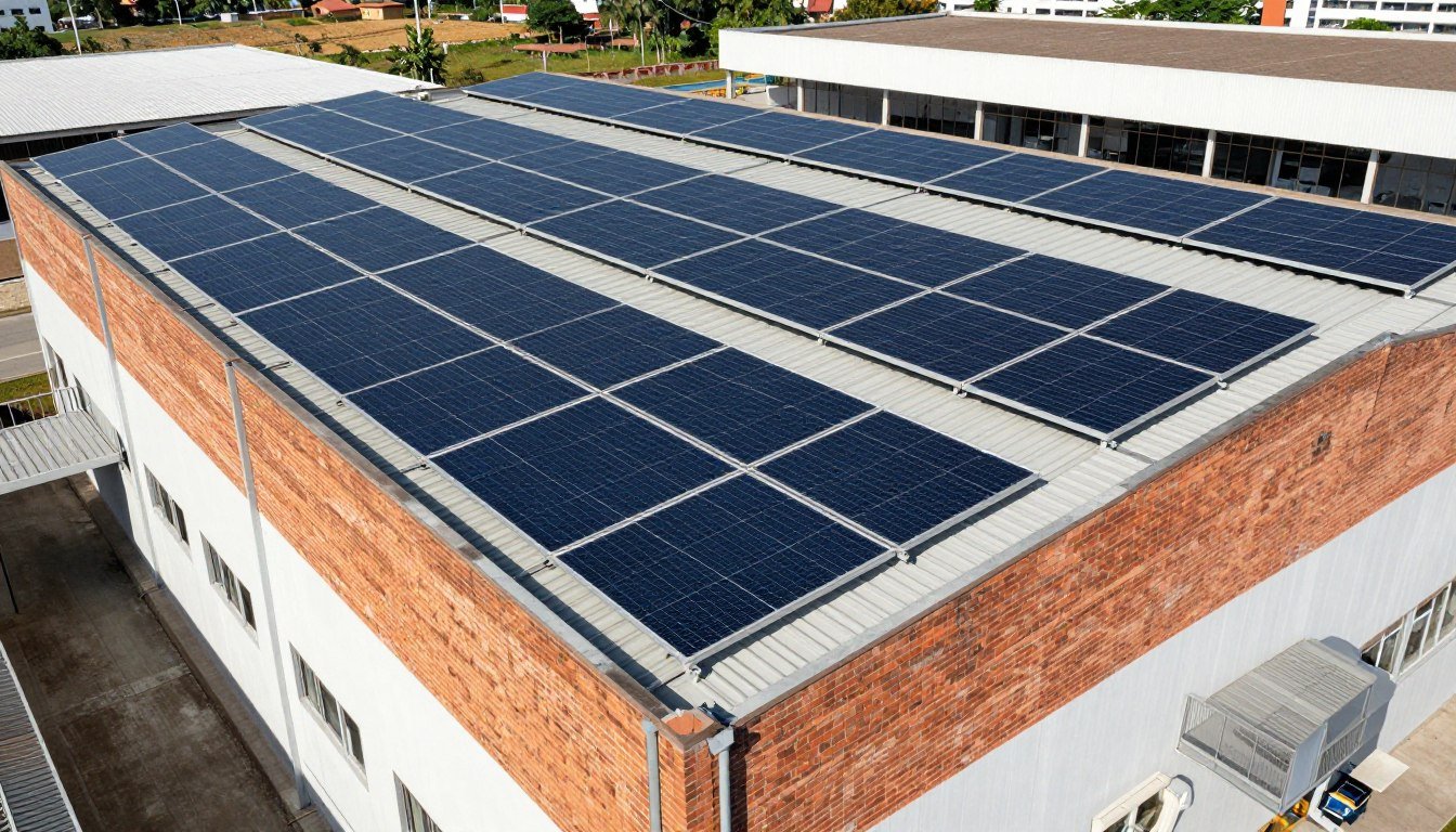 Painéis solares fotovoltaicos instalados no teto de fábrica de tijolos ecológicos MAIKONG