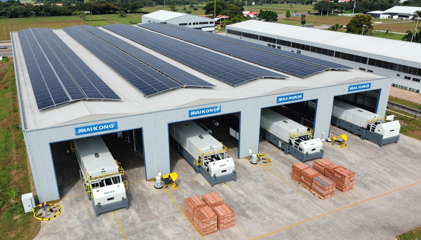 Vista aérea da grande fábrica do Grupo NordeBlocks com painéis solares e linha completa MAIKONG