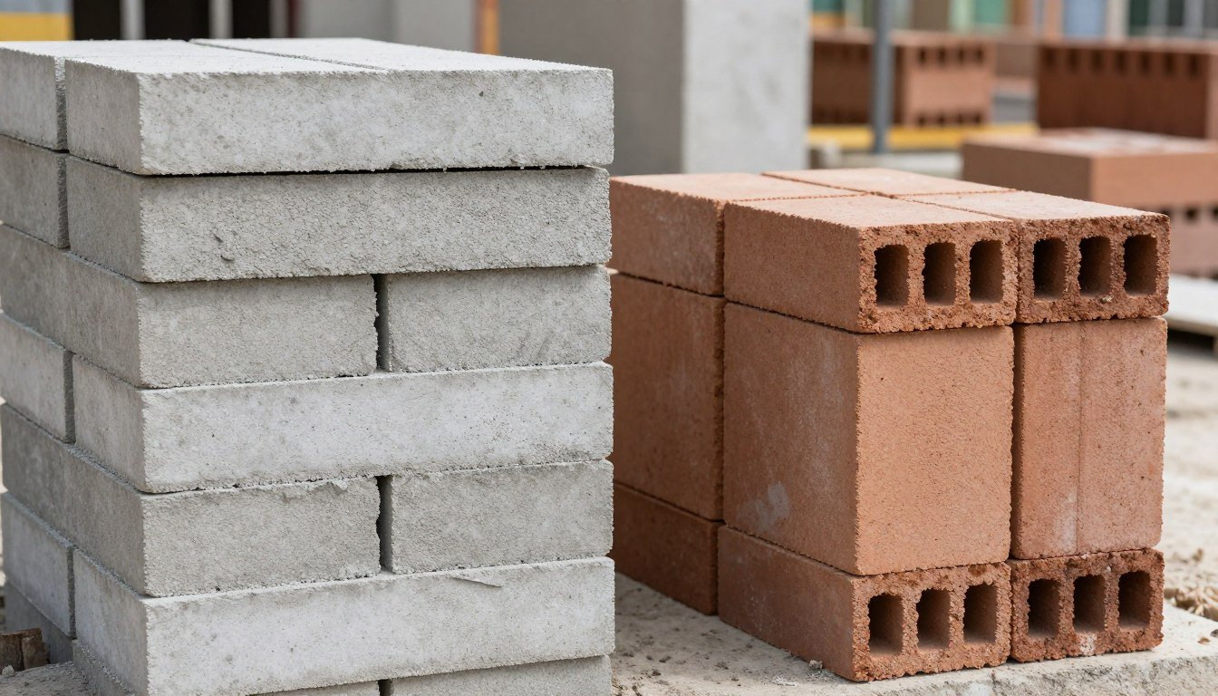 Comparação visual entre blocos de concreto e tijolos ecológicos empilhados lado a lado