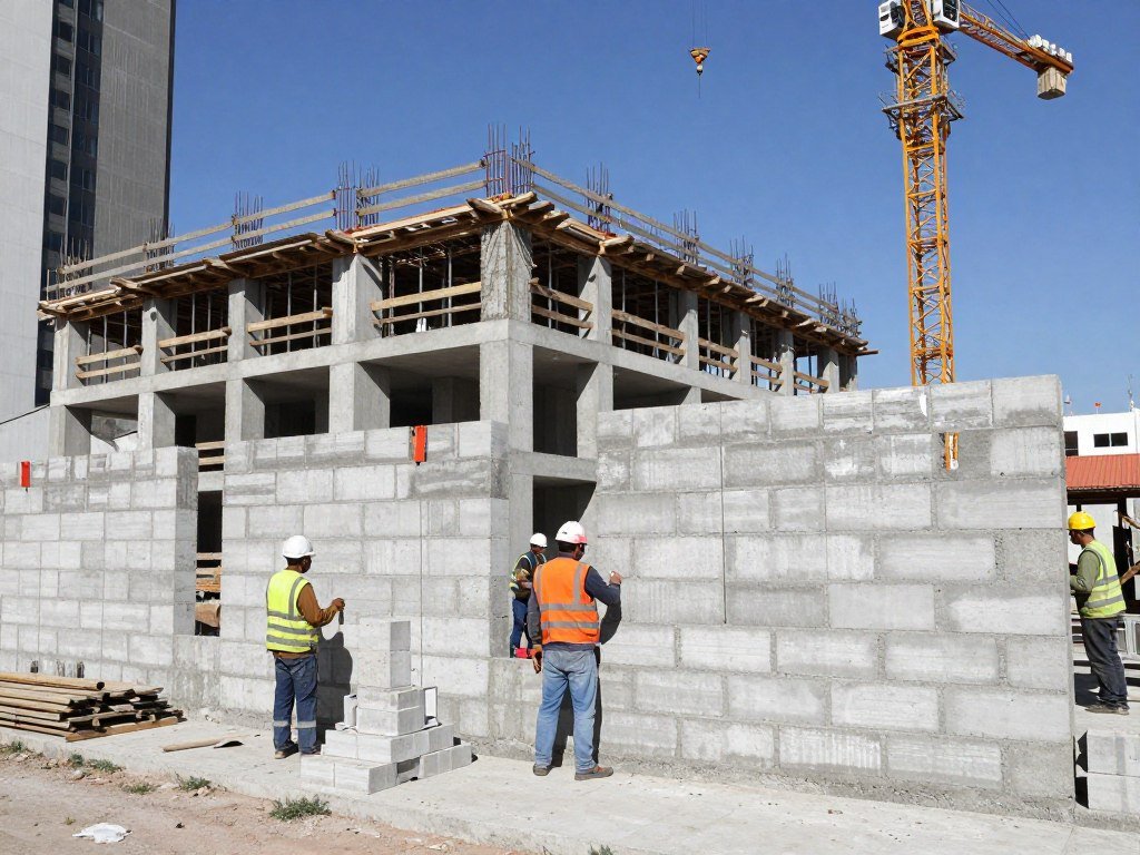 Construção de grande porte utilizando blocos de concreto em edificação comercial