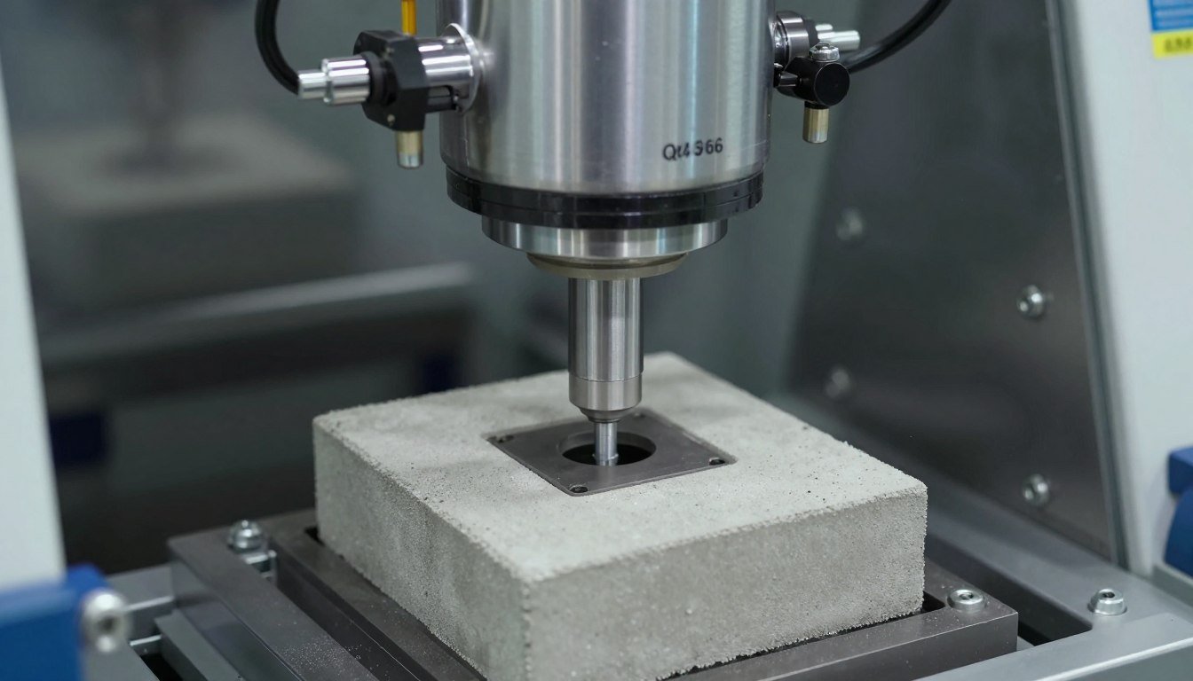 Detalhe do sistema de vibração e moldes da máquina Qt4-26