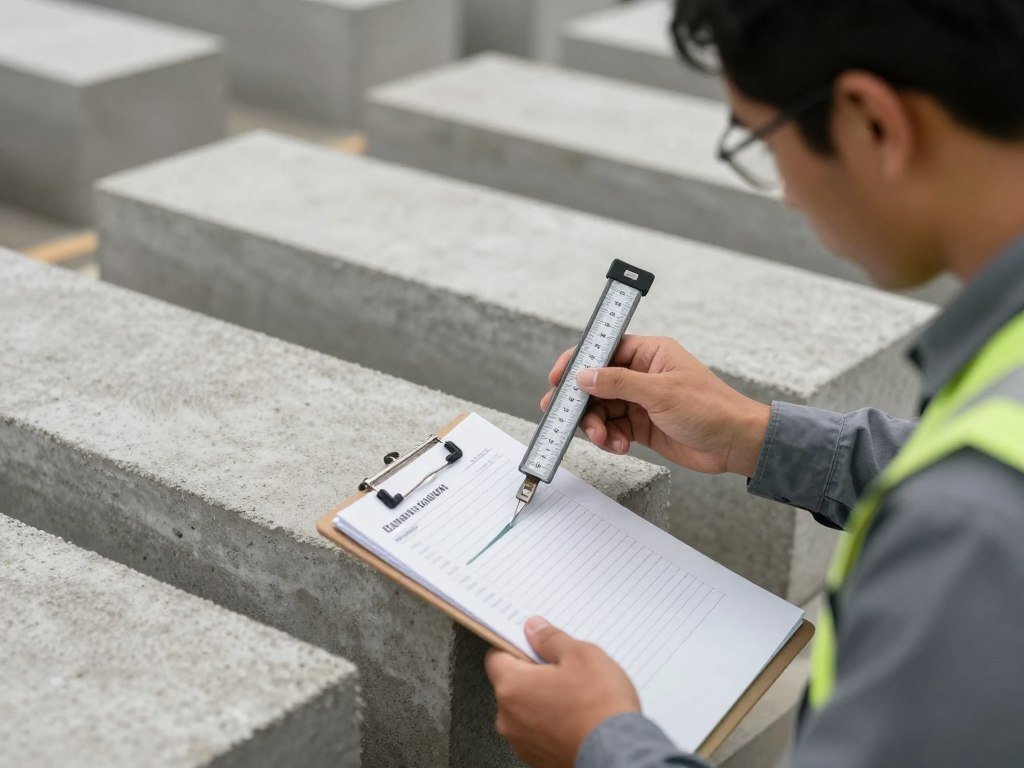 Inspetor de qualidade analisando blocos de concreto
