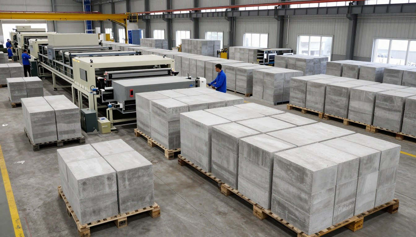 Linha de produção de blocos em operação com alta capacidade