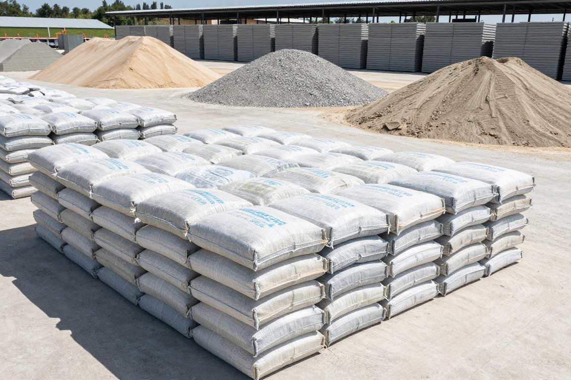 Matérias-primas para produção de blocos de concreto - cimento, areia e agregados