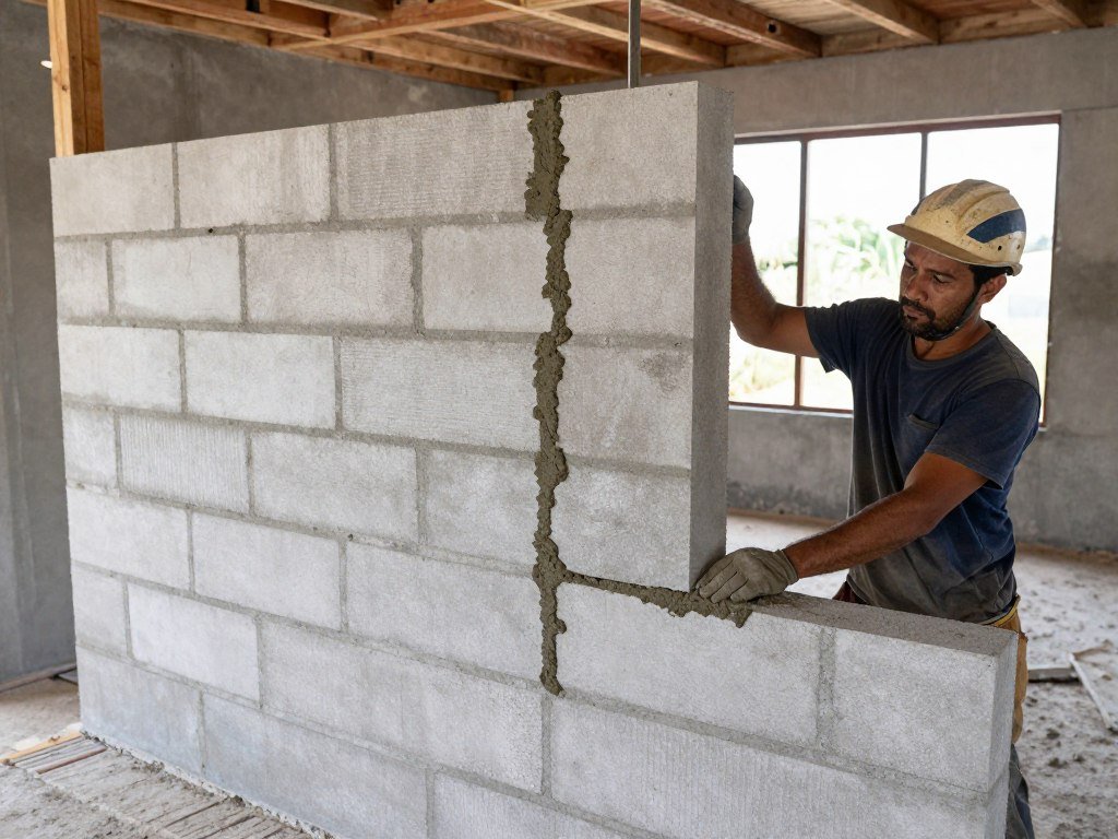 Parede sendo construída com blocos de vedação