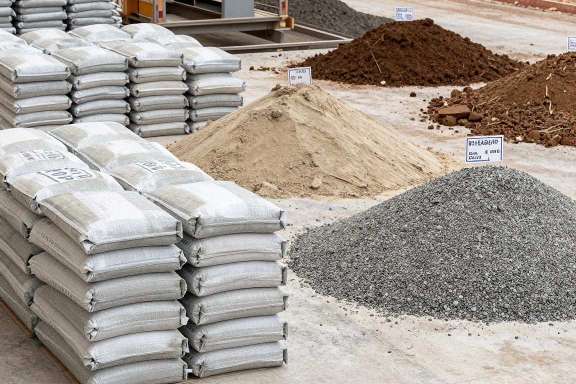 Pilha de matéria-prima mostrando cimento, areia e solo para produção de blocos e tijolos