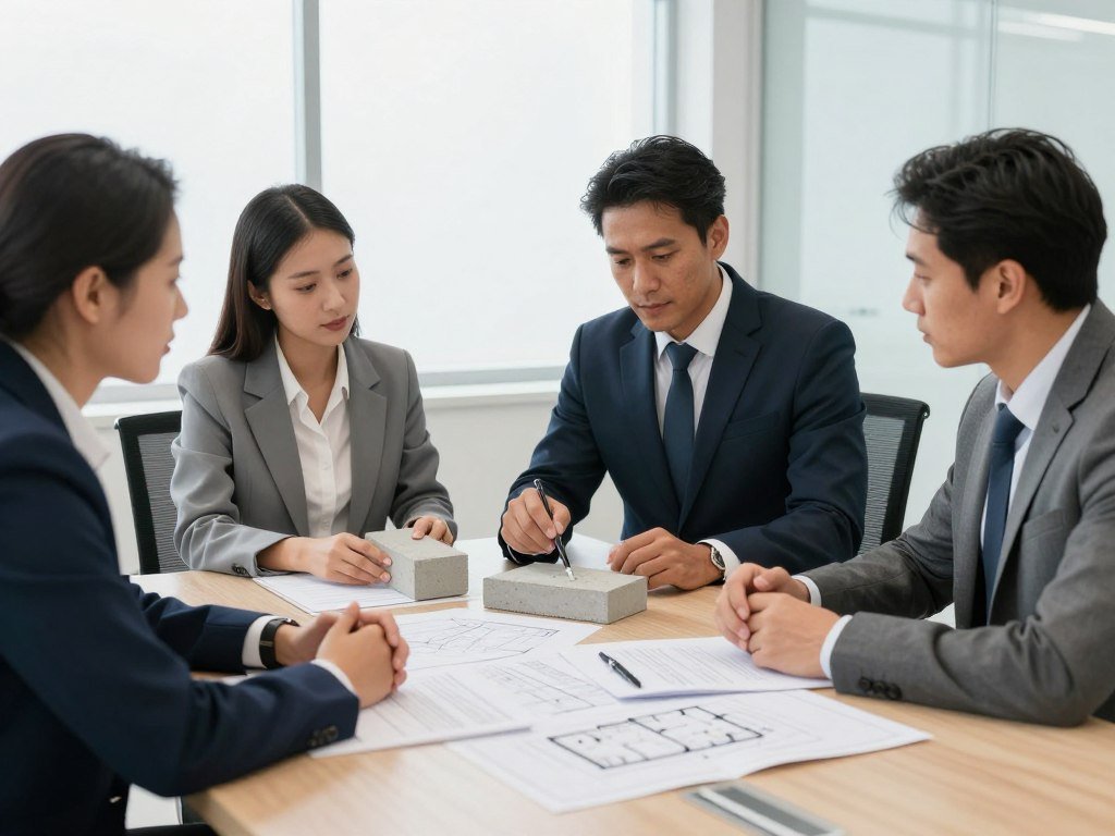 Reunião de negócios entre fornecedor de blocos e construtora