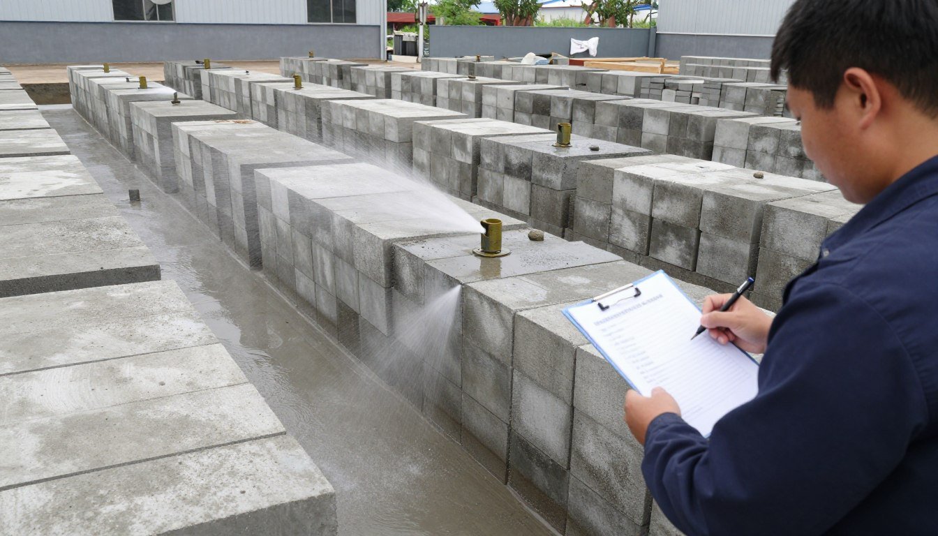 Área de cura de blocos de concreto com aspersão de água Área de cura de blocos de concreto com aspersão de água
