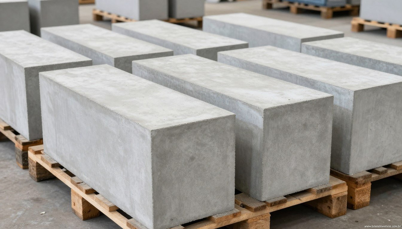 Blocos de concreto recém-moldados em pallets organizados