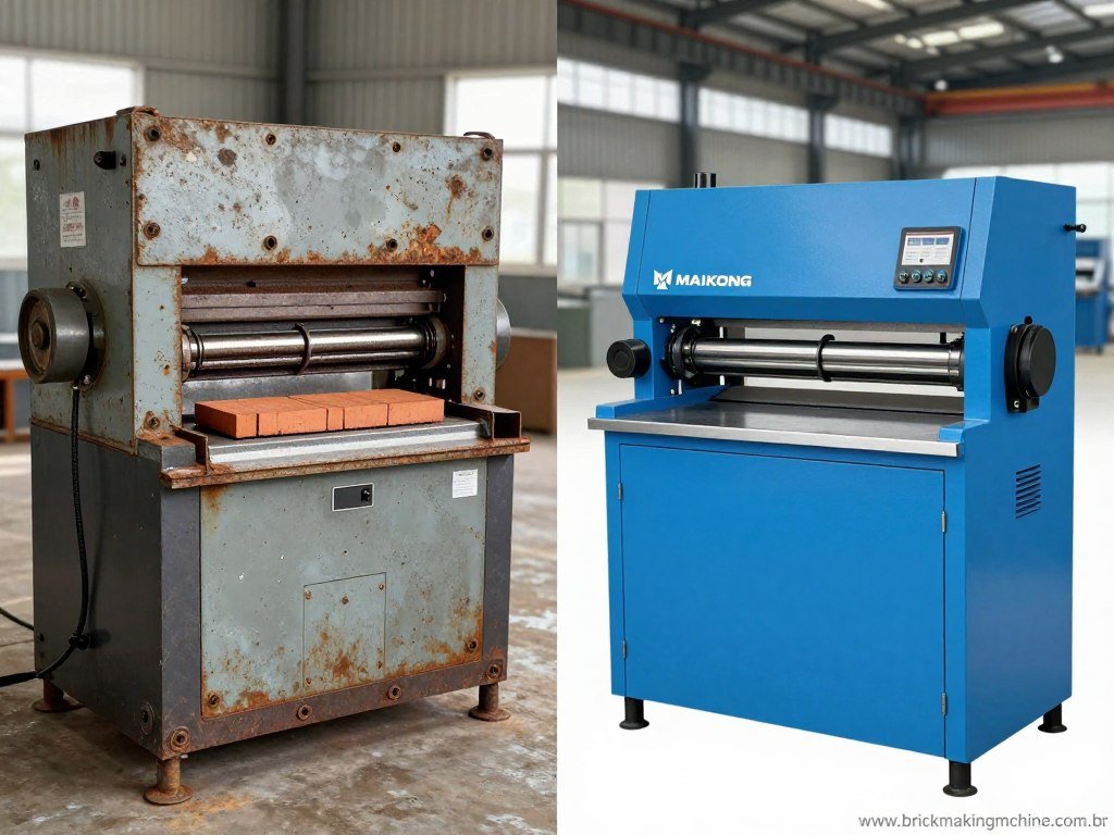 Comparação visual entre máquina de tijolo usada e nova