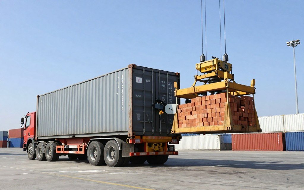 Container com máquina de fazer tijolo sendo preparado para embarque Container com máquina de fazer tijolo sendo preparado para embarque
