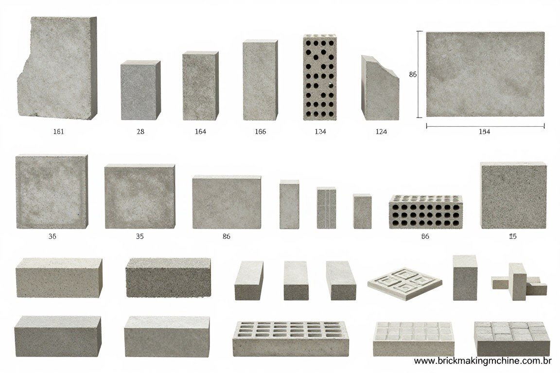 Diferentes tipos de tijolos e blocos produzidos pela máquina MAIKONG