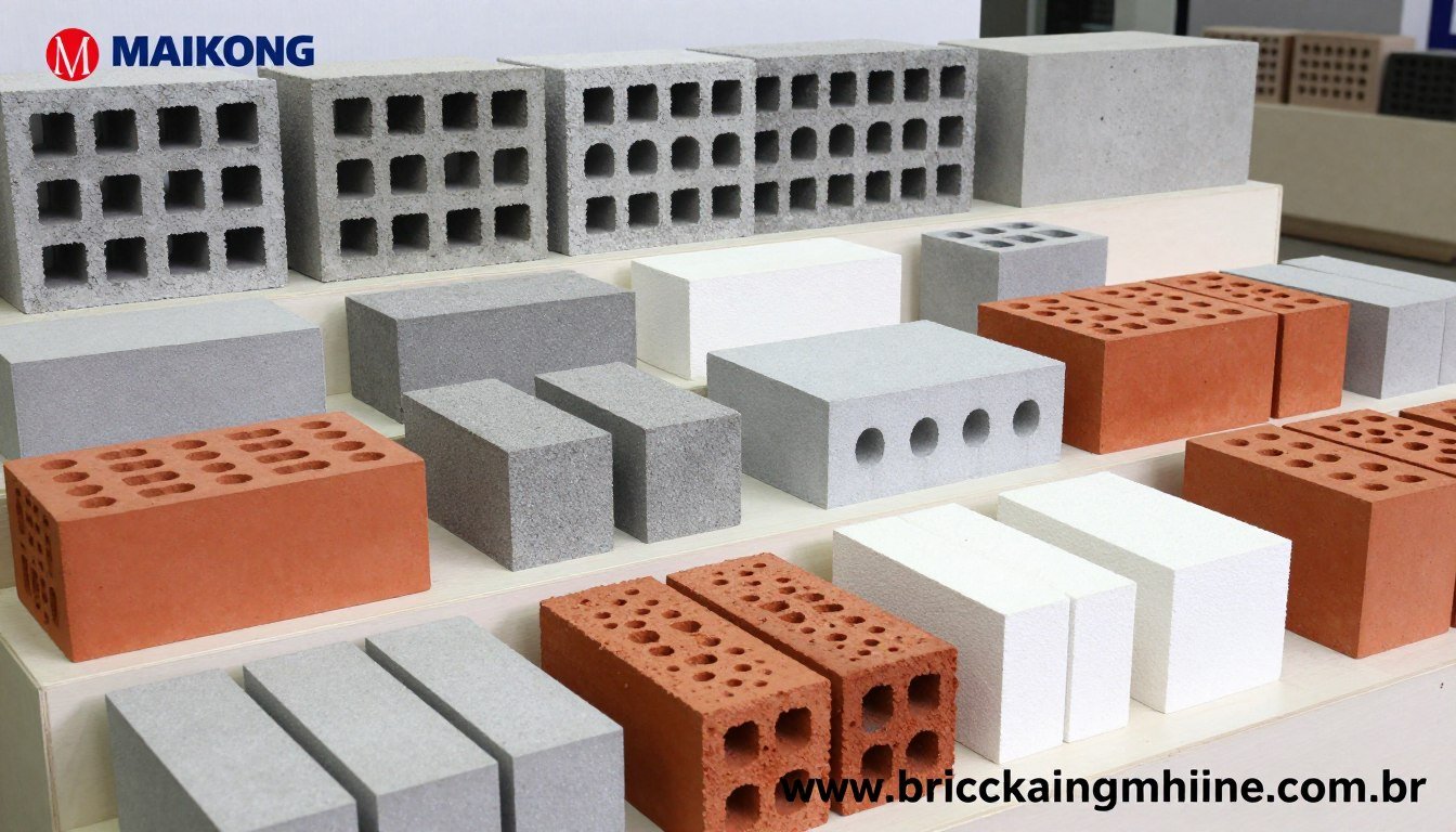 Diferentes tipos de tijolos produzidos pela máquina MAIKONG
