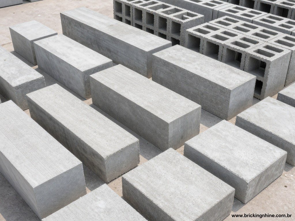Diversos tipos de blocos de concreto produzidos em linha de produção incluindo blocos vazados, maciços e pavers