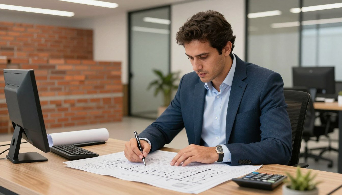 Empresário planejando projeto de fábrica de tijolos Empresário planejando projeto de fábrica de tijolos