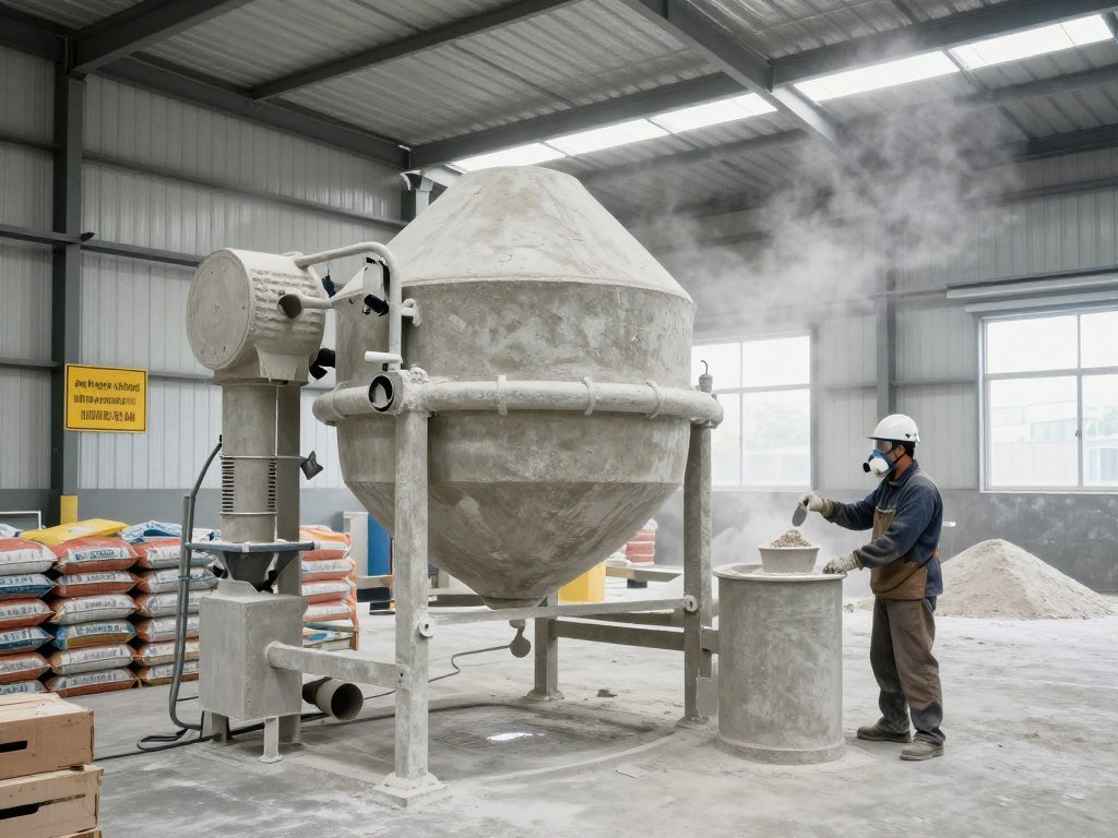 Estação de mistura de materiais com sistema de supressão de poeira e trabalhador usando máscara respiratória adequada Estação de mistura de materiais com sistema de supressão de poeira e trabalhador usando máscara respiratória adequada