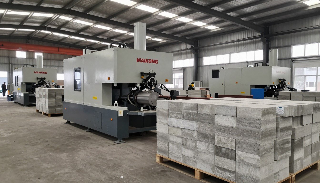 Fábrica de blocos operando com equipamento MAIKONG