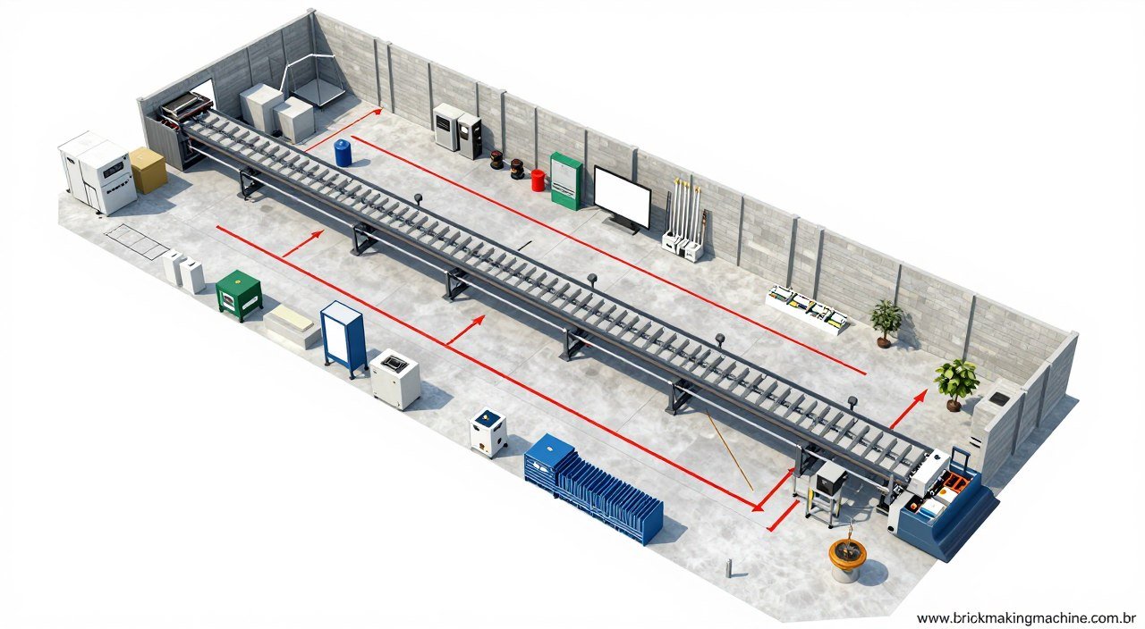 Layout de fábrica mostrando instalação de equipamentos para fabricação de blocos