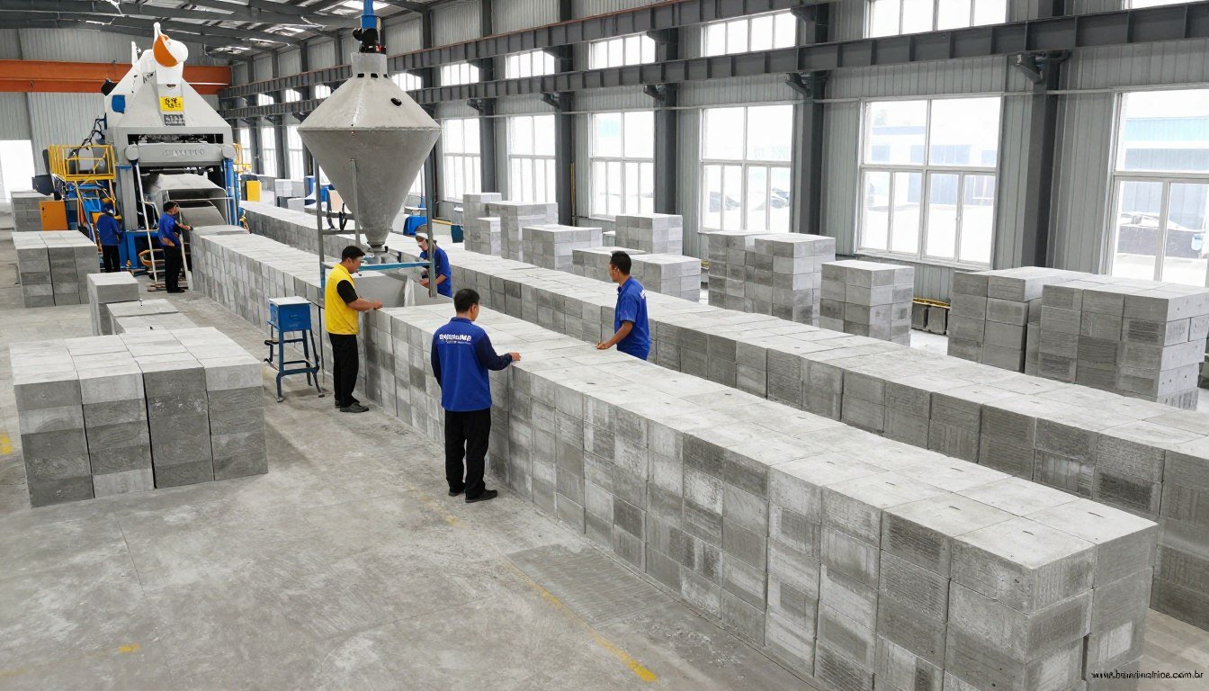 Linha de produção de bloco de concreto MAIKONG completa e em operação
