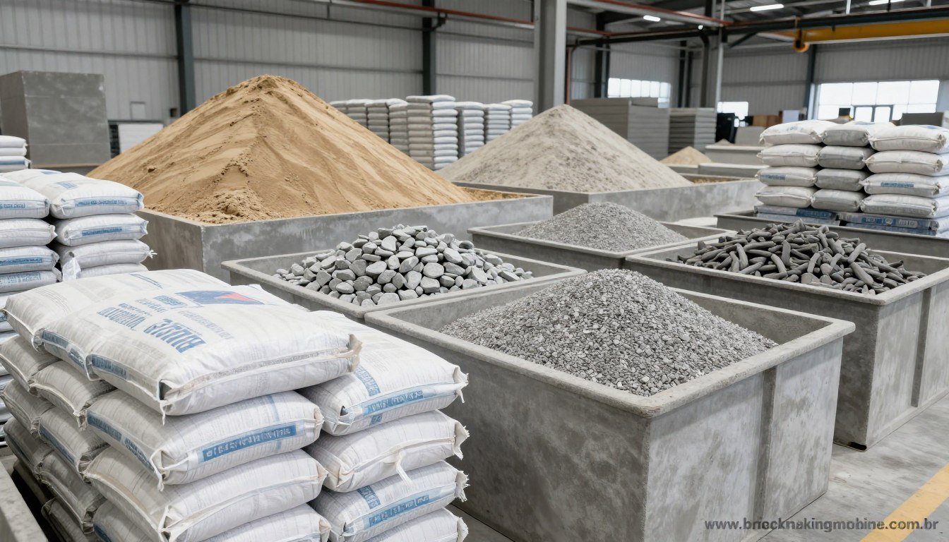 Matérias-primas para linha de produção de bloco de concreto incluindo cimento, areia, brita e pedrisco