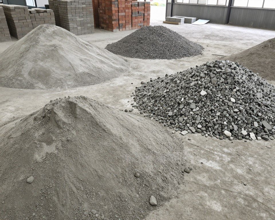 Matérias-primas para produção de tijolos: cimento, areia e brita