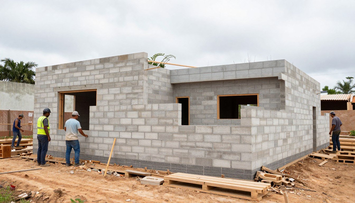 Obra residencial sendo construída com tijolos ecológicos produzidos por máquina MAIKONG Obra residencial sendo construída com tijolos ecológicos produzidos por máquina MAIKONG